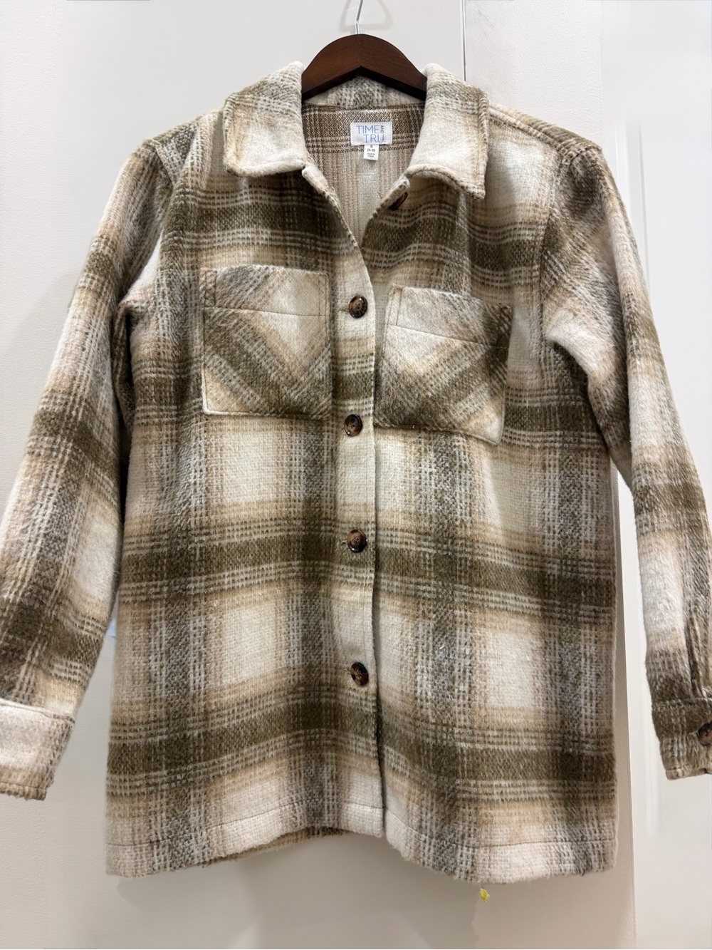 Time and Tru Olive & Cream Plaid Utility Jacket
